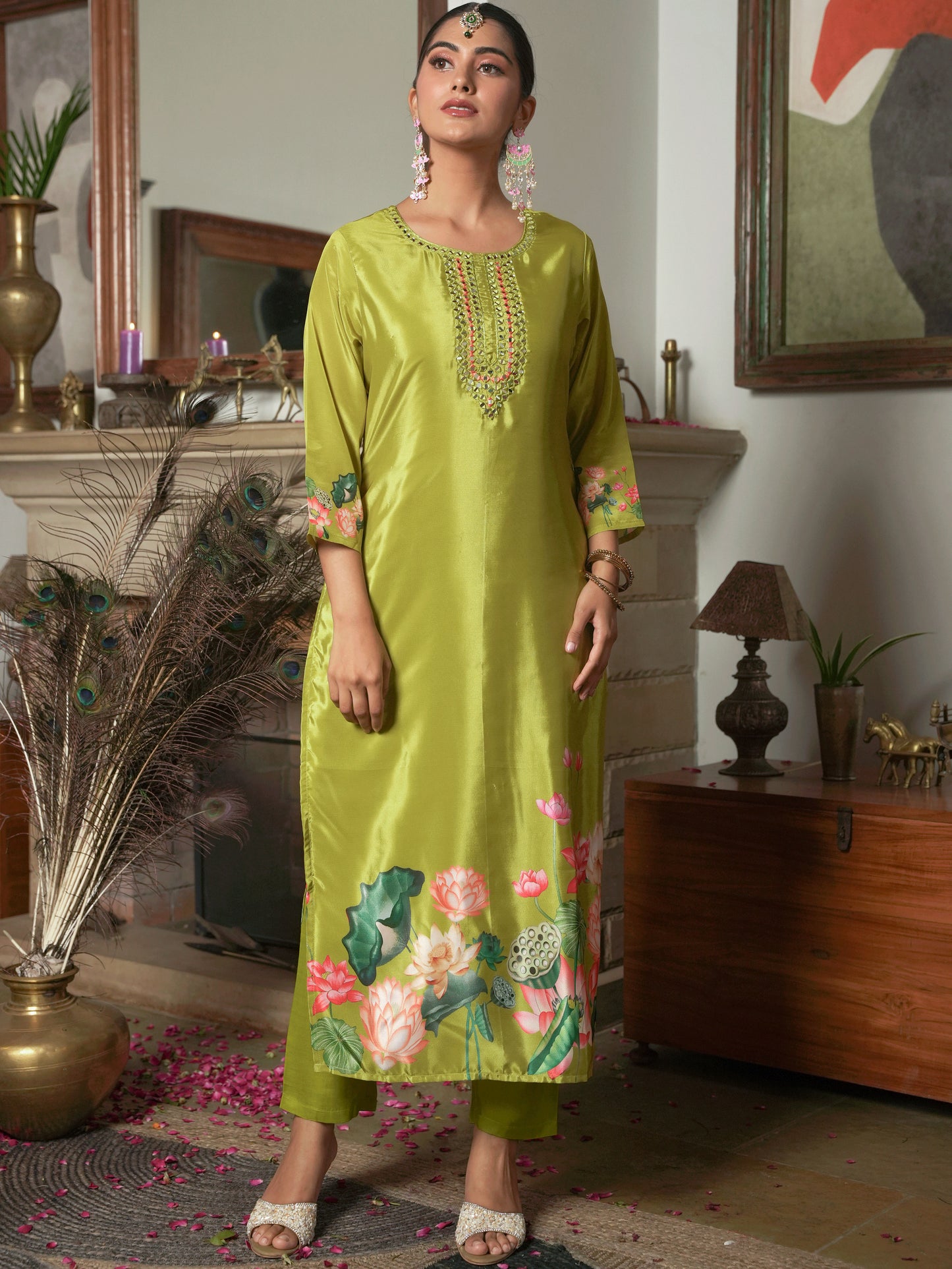 Embroidered Blended Silk Floral Lime Green Kurta