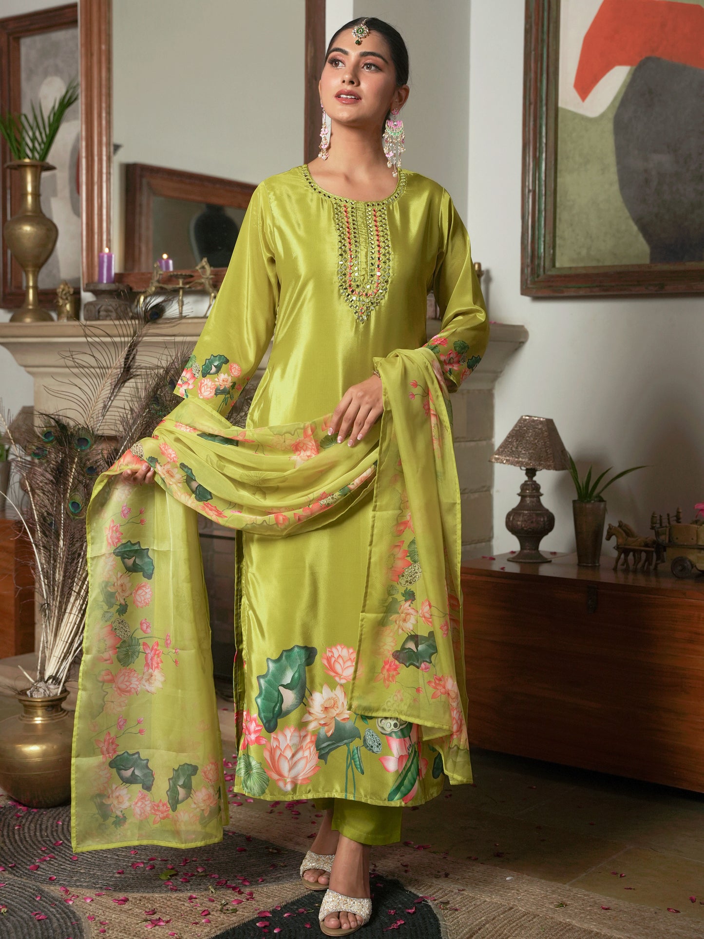 Embroidered Blended Silk Floral Lime Green Kurta