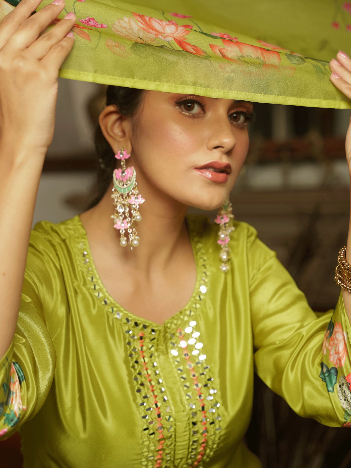 Embroidered Blended Silk Floral Lime Green Kurta