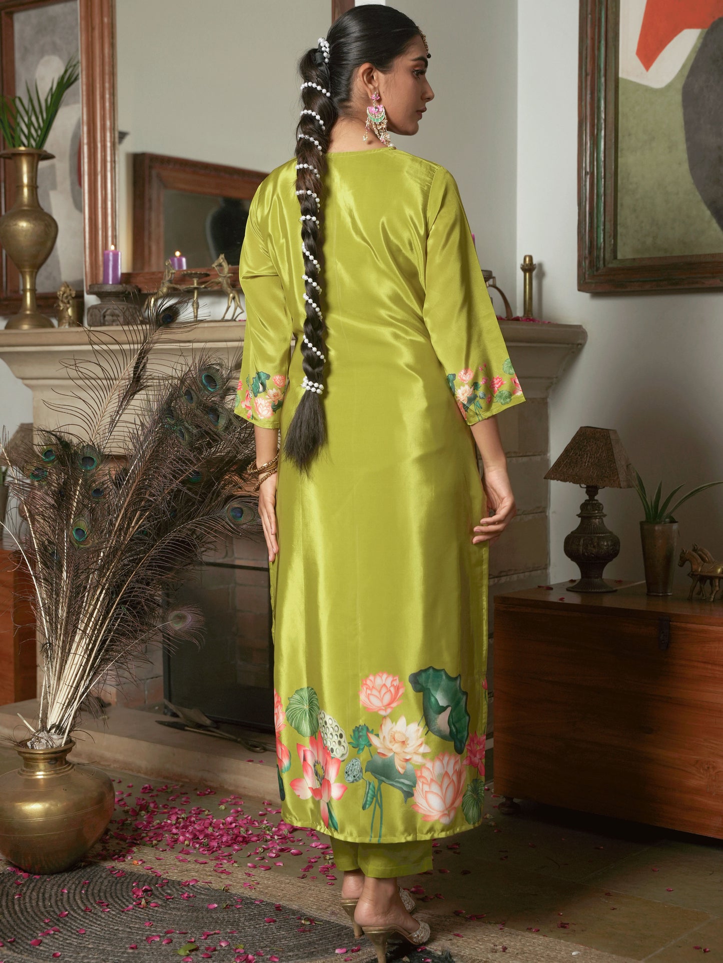 Embroidered Blended Silk Floral Lime Green Kurta