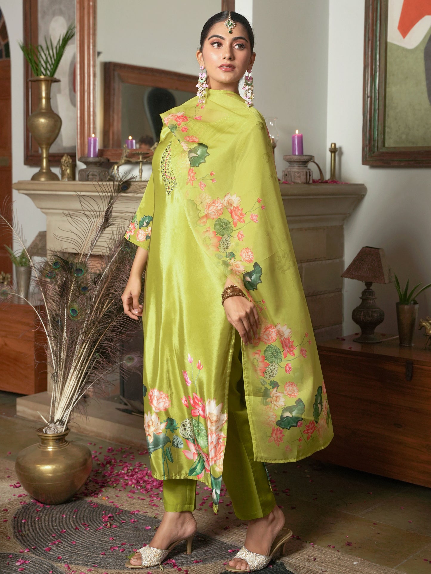 Embroidered Blended Silk Floral Lime Green Kurta