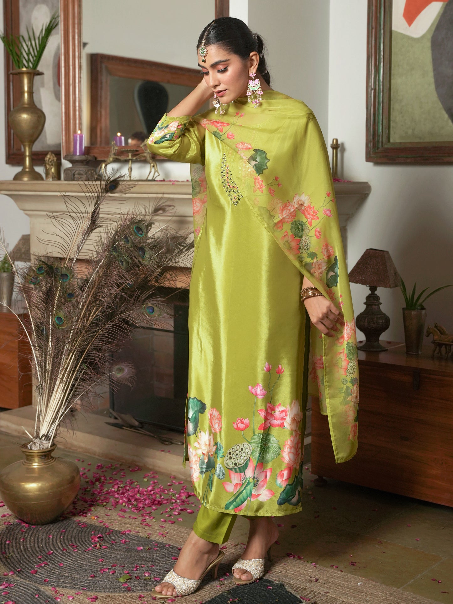 Embroidered Blended Silk Floral Lime Green Kurta