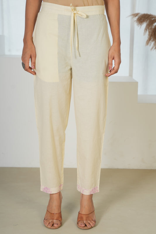 Linen Blend Solid Beige Trousers