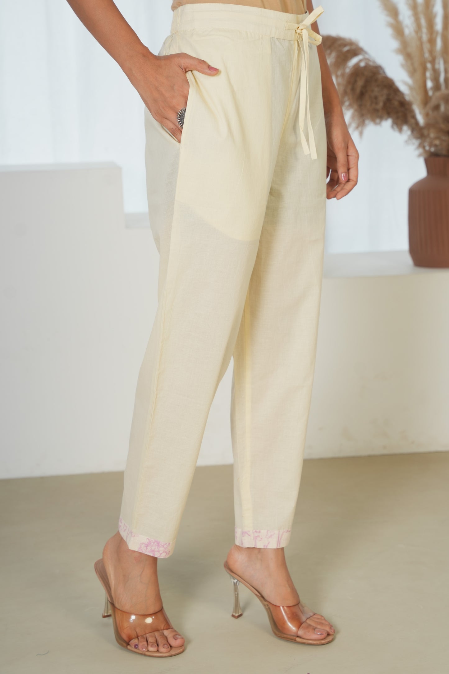 Linen Blend Solid Beige Trousers