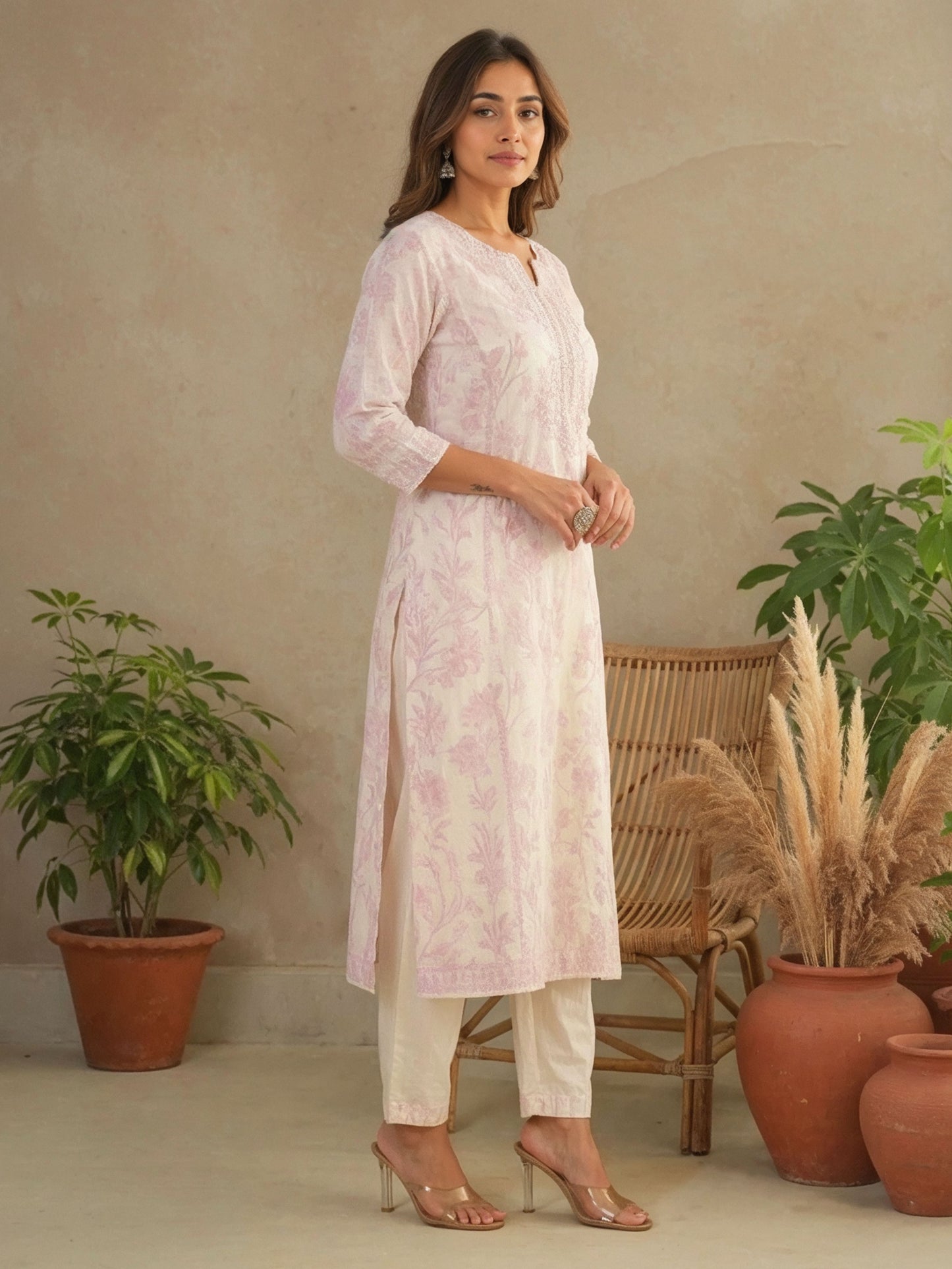 Embroidered Linen Blend Floral Beige Straight Kurta