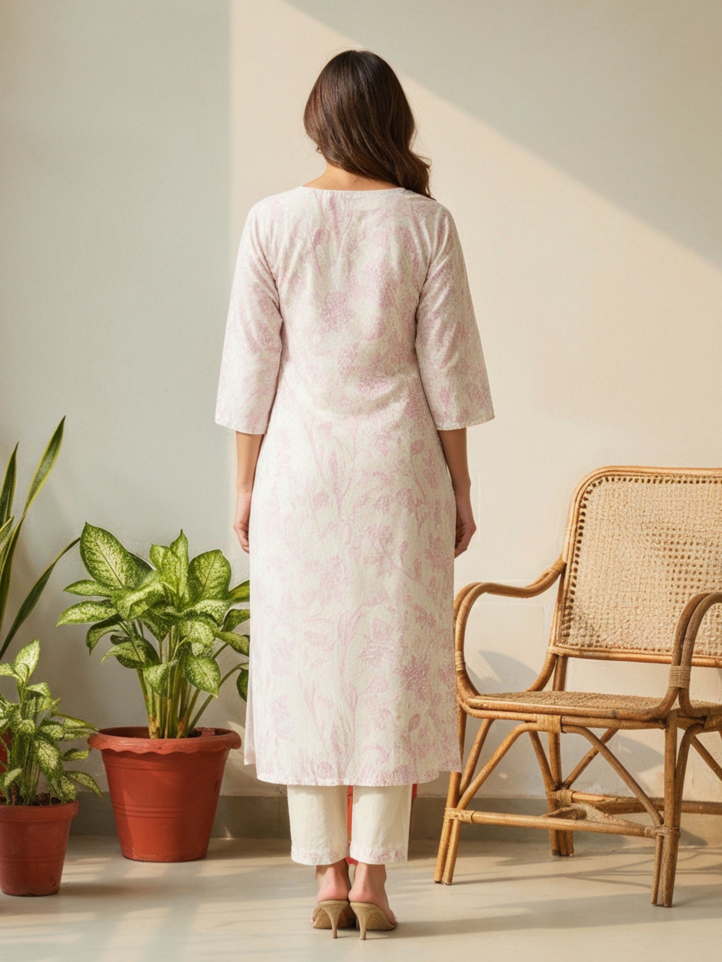 Embroidered Linen Blend Floral Beige Straight Kurta