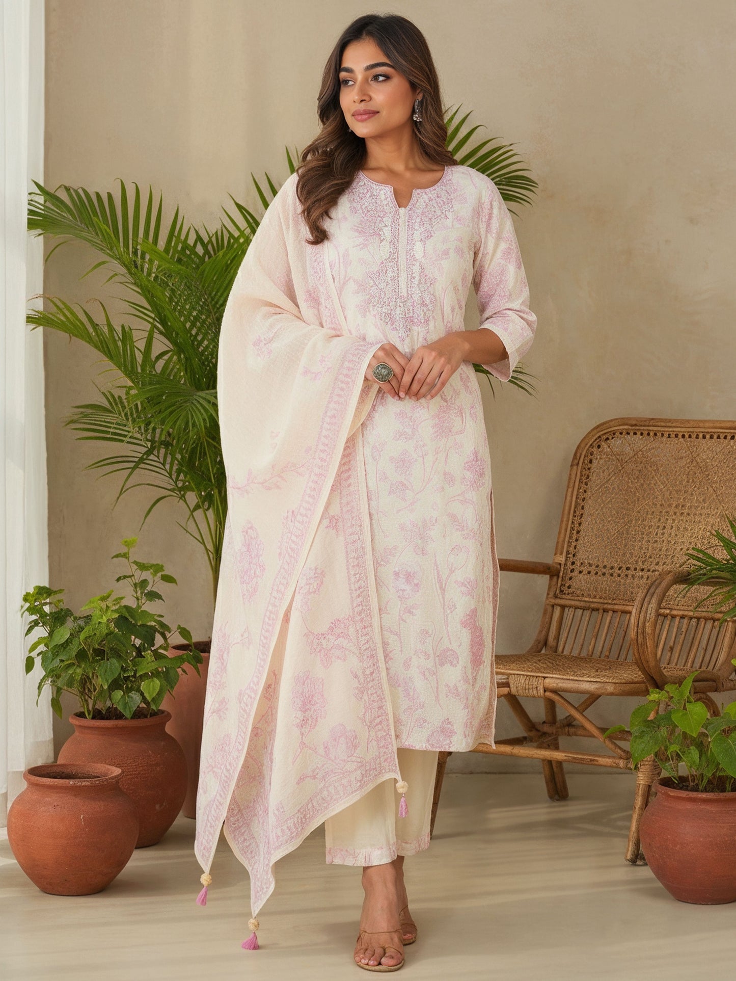 Embroidered Linen Blend Floral Beige Straight Kurta