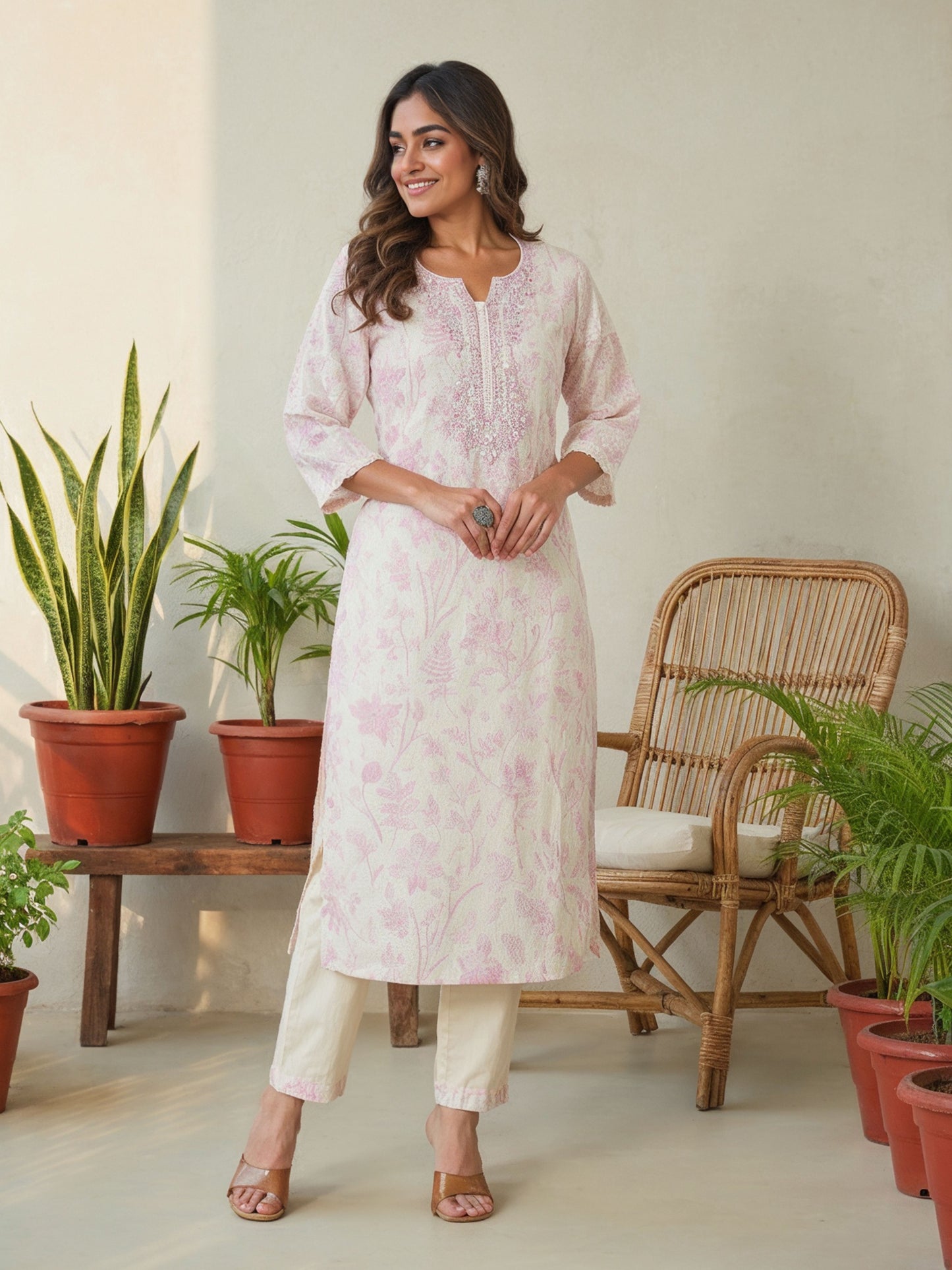 Embroidered Linen Blend Floral Beige Straight Kurta