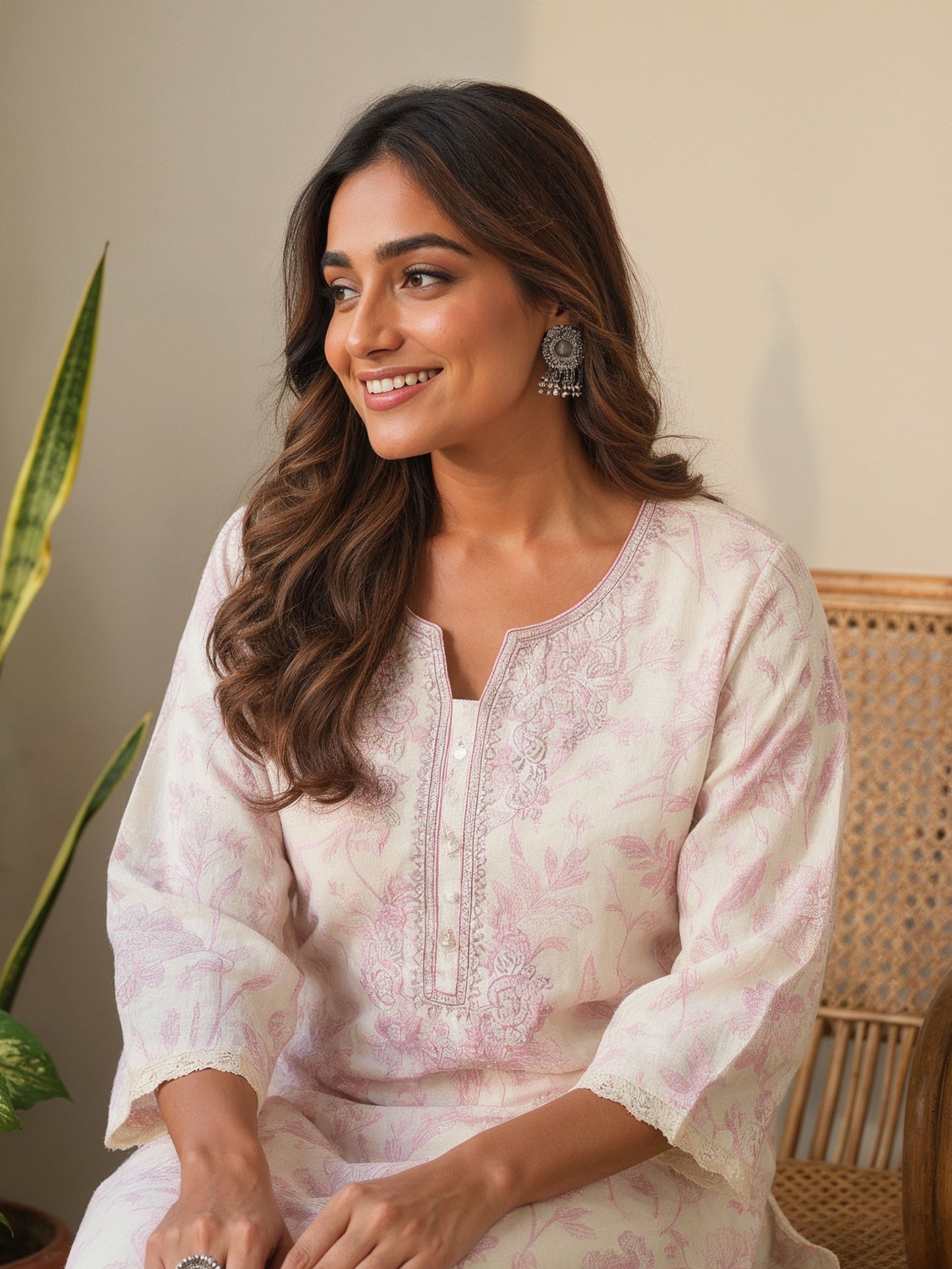 Embroidered Linen Blend Floral Beige Straight Kurta