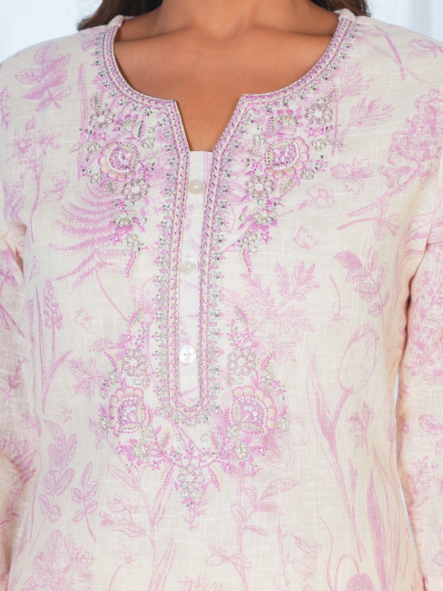 Embroidered Linen Blend Floral Beige Straight Kurta