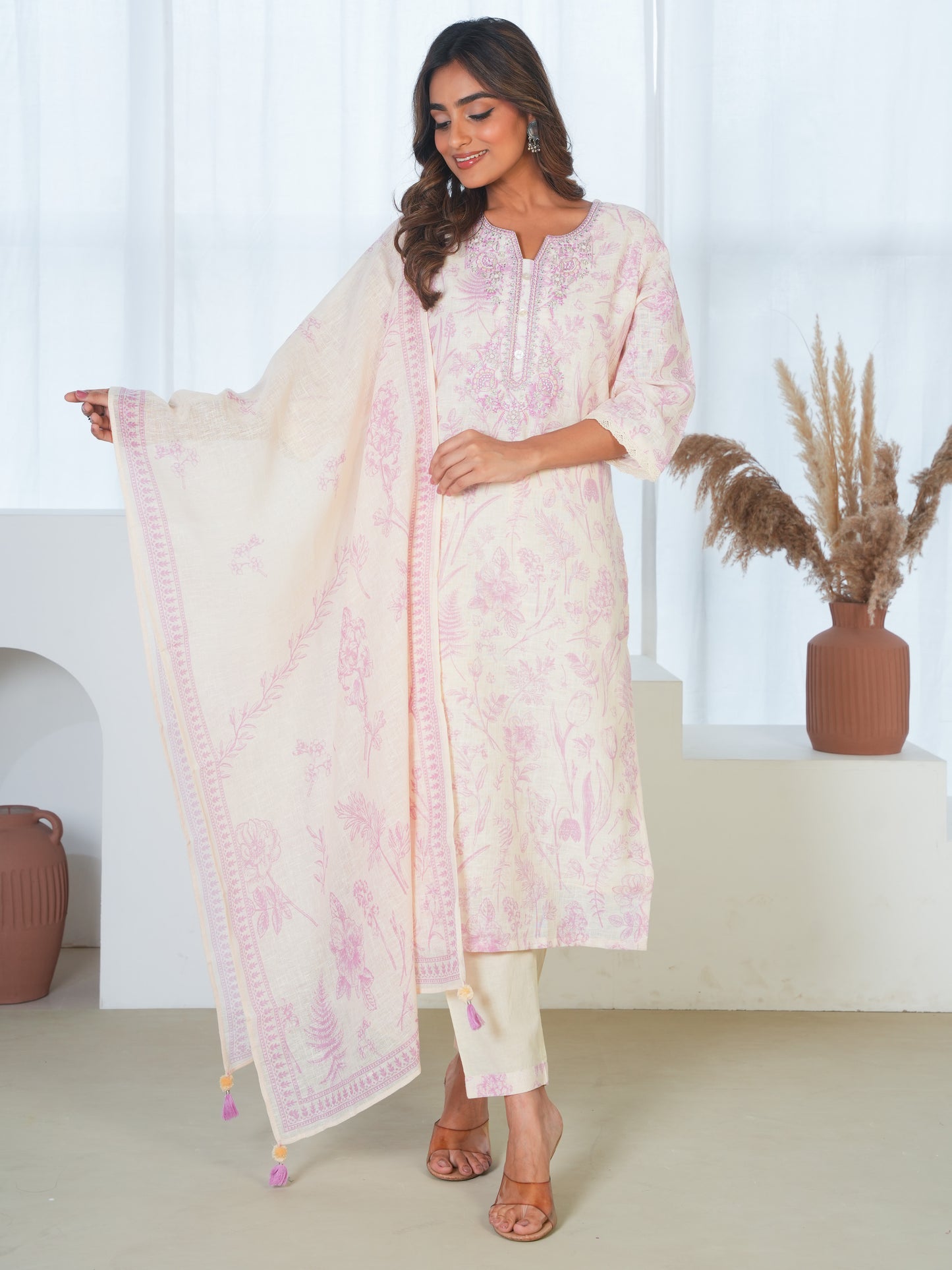 Linen Blend Floral Beige Dupatta