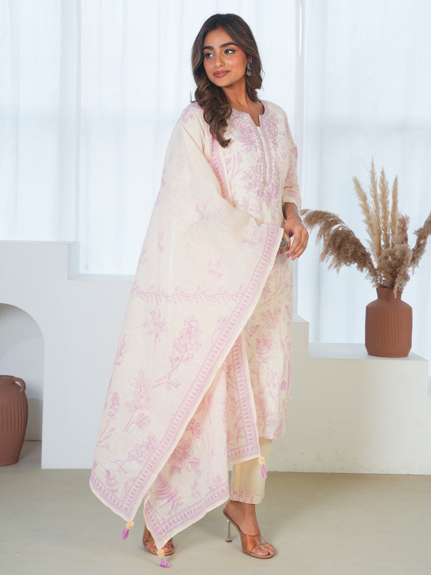 Linen Blend Floral Beige Dupatta