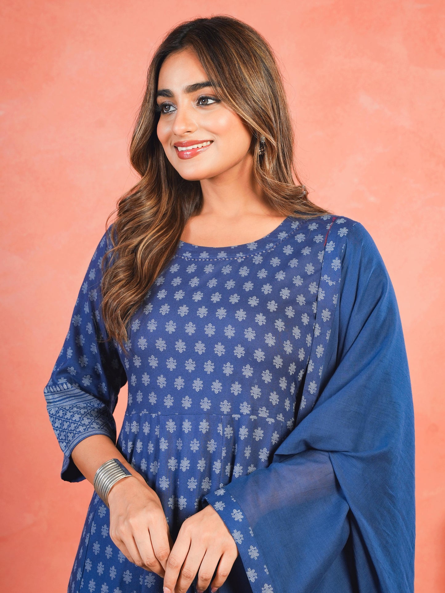 Embroidered Viscose Placement Print Indigo blue Kurta