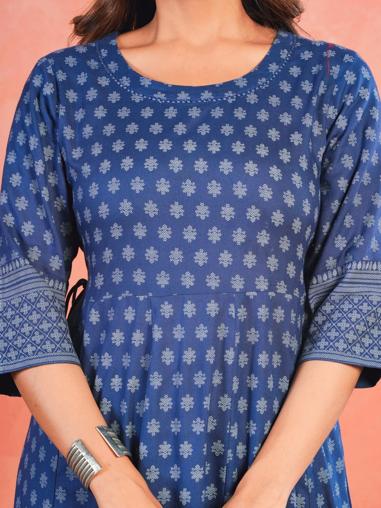Embroidered Viscose Placement Print Indigo blue Kurta