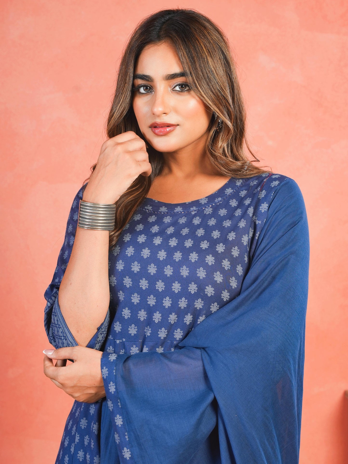 Embroidered Viscose Placement Print Indigo blue Kurta