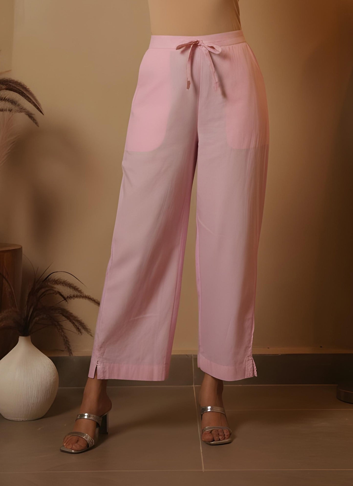 Linen Cotton Solid Baby Pink Trousers