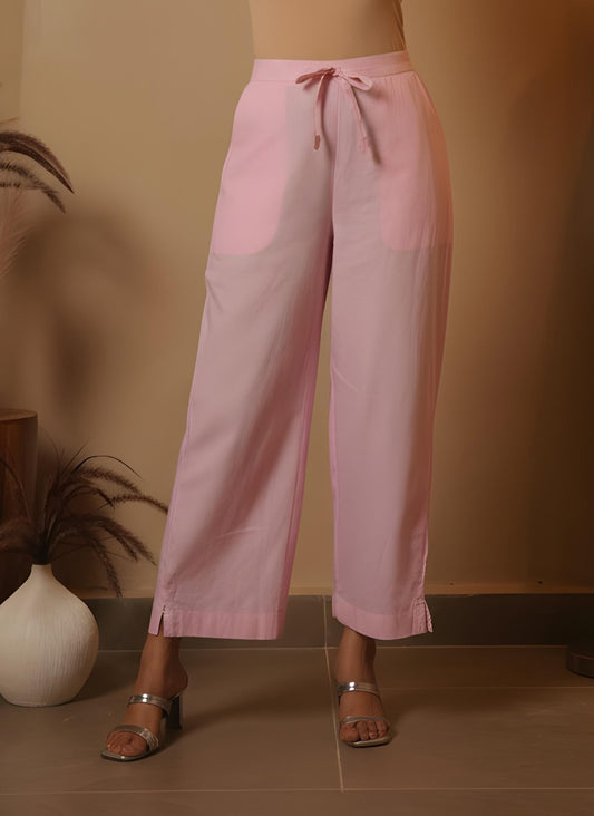 Linen Cotton Solid Baby Pink Trousers