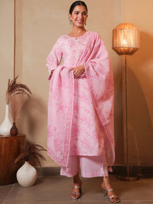 Linen Cotton Floral Baby Pink Dupatta