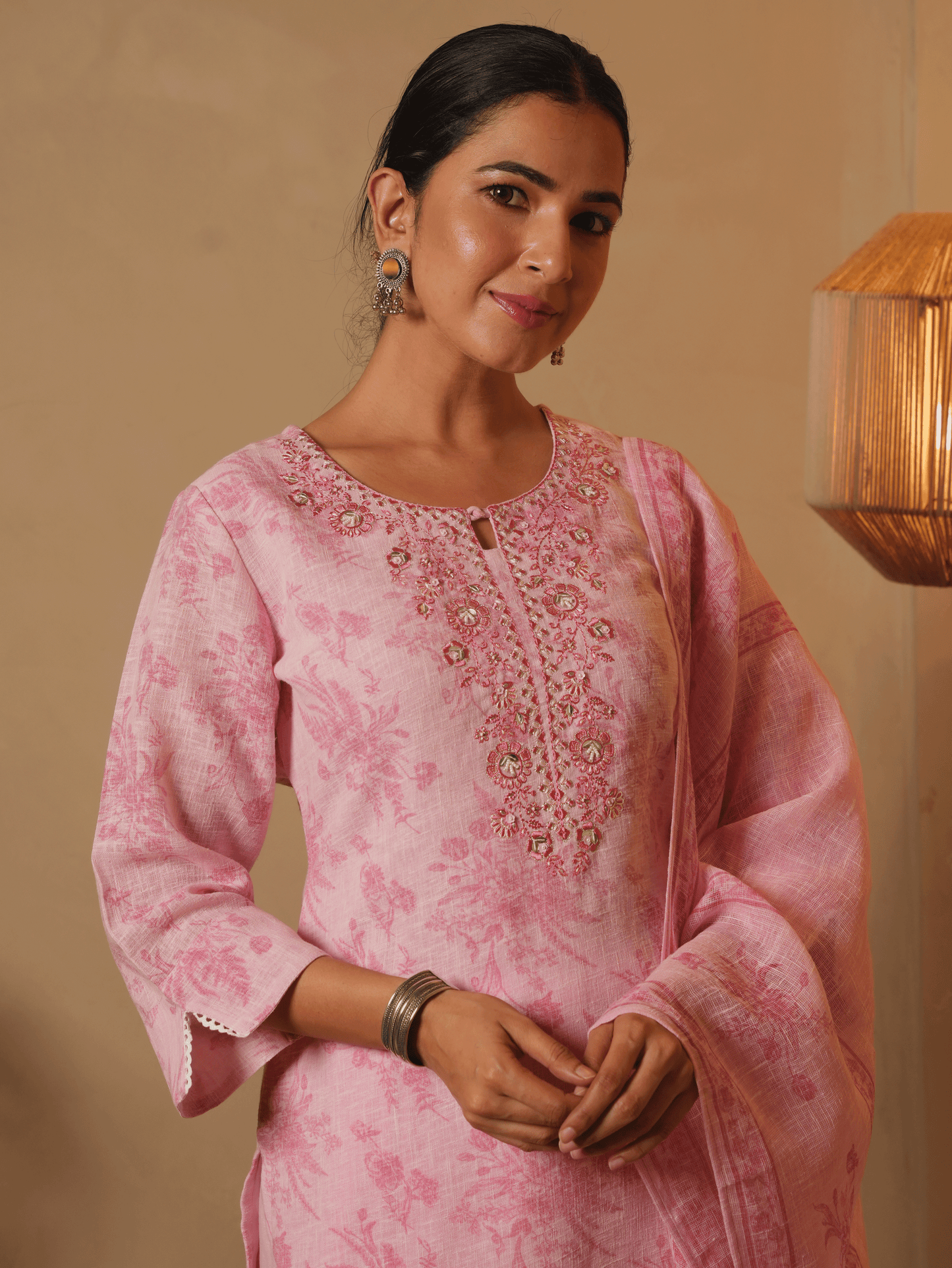 Embroidered Linen Cotton Floral Baby Pink Kurta
