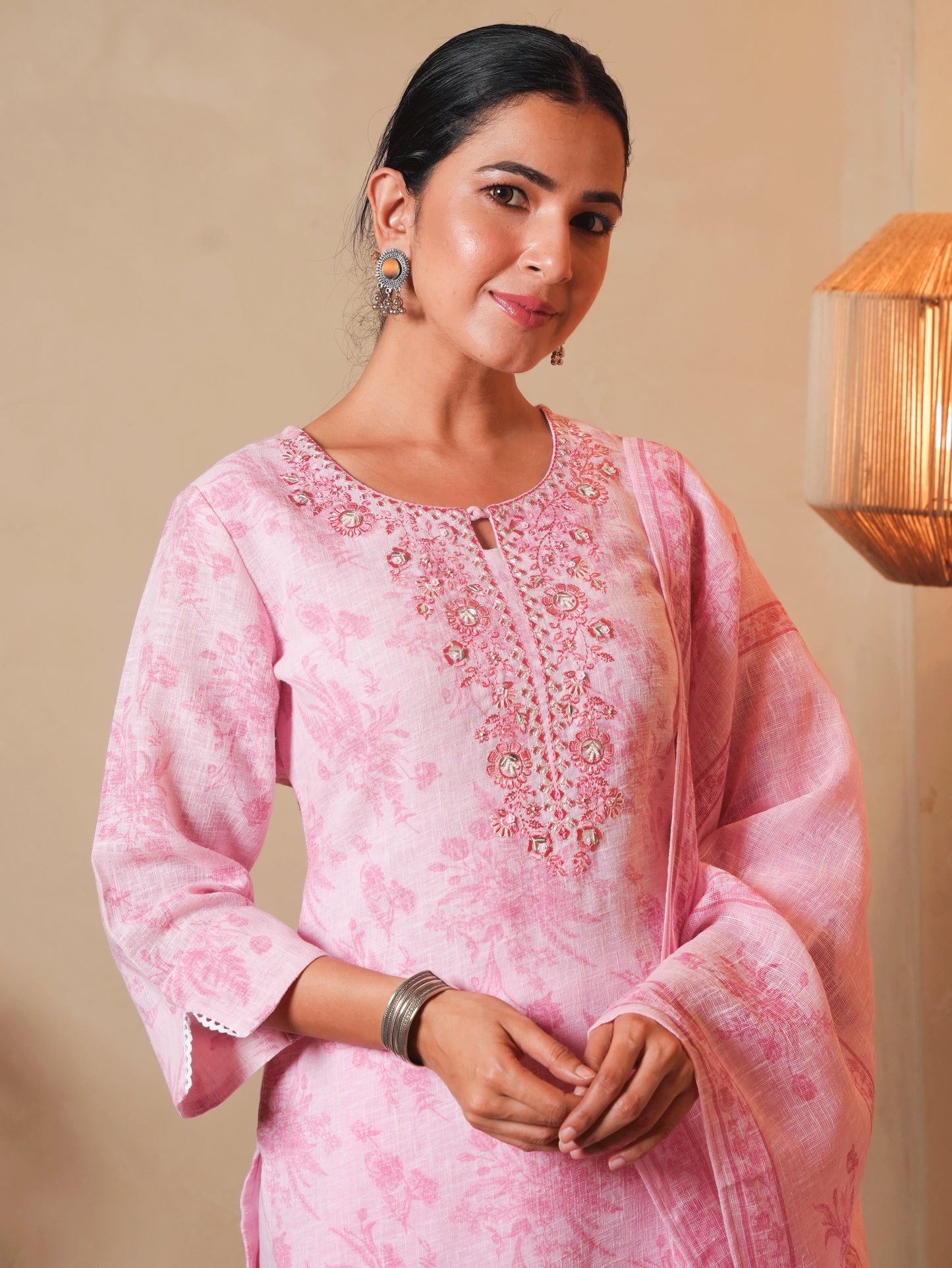 Embroidered Linen Cotton Floral Baby Pink Straight Kurta