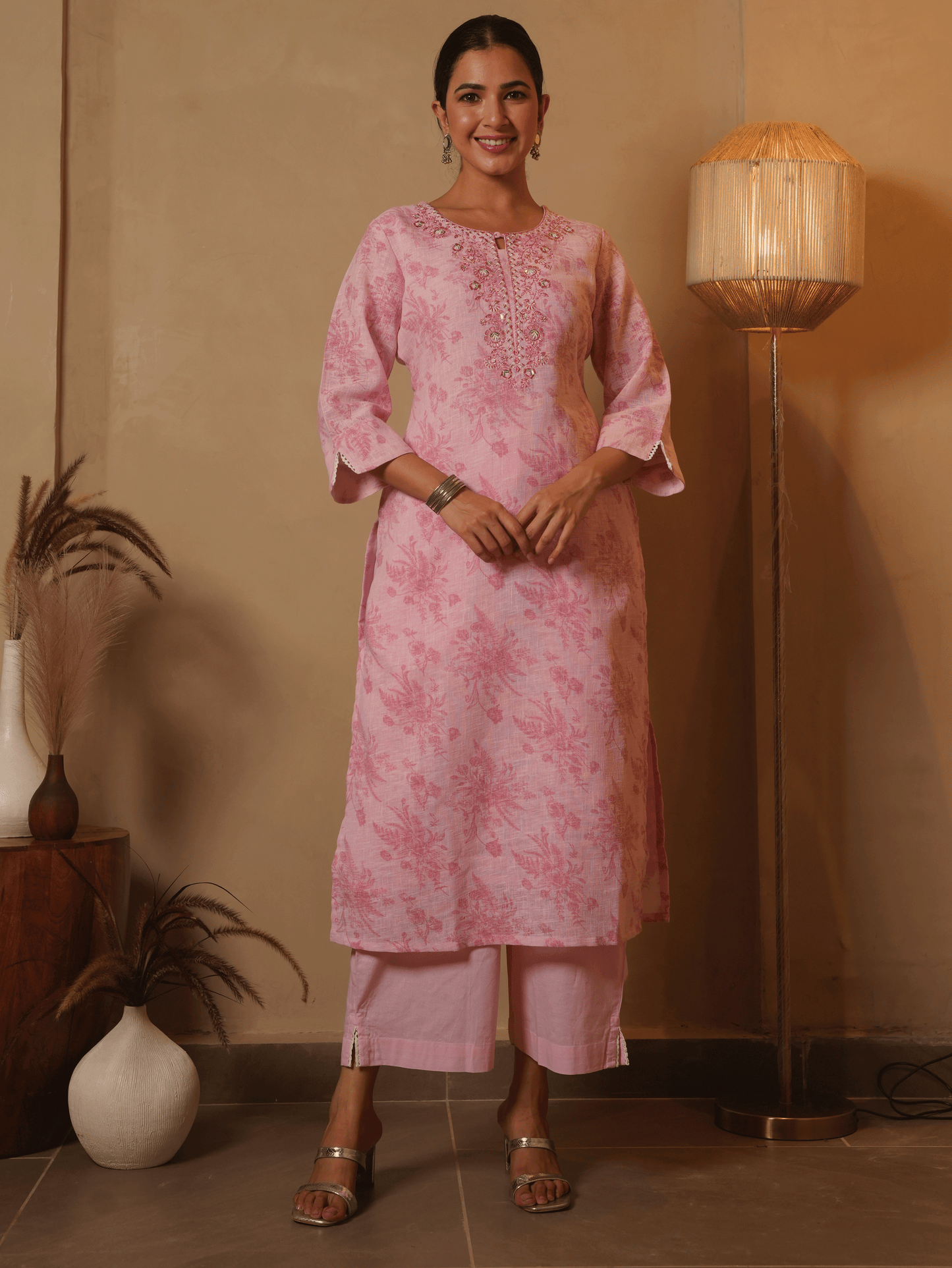 Embroidered Linen Cotton Floral Baby Pink Kurta