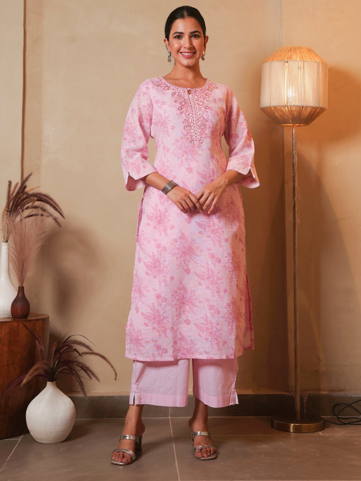 Embroidered Linen Cotton Floral Baby Pink Straight Kurta