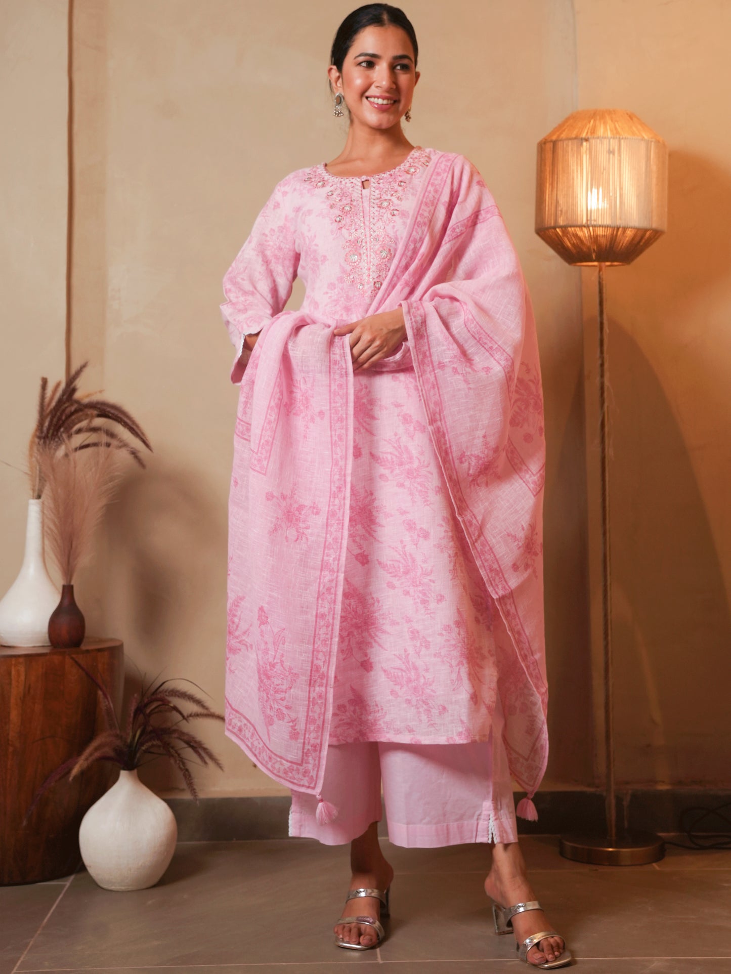 Embroidered Linen Cotton Floral Baby Pink Straight Kurta