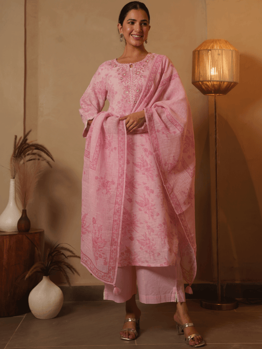 Embroidered Linen Cotton Floral Baby Pink Kurta