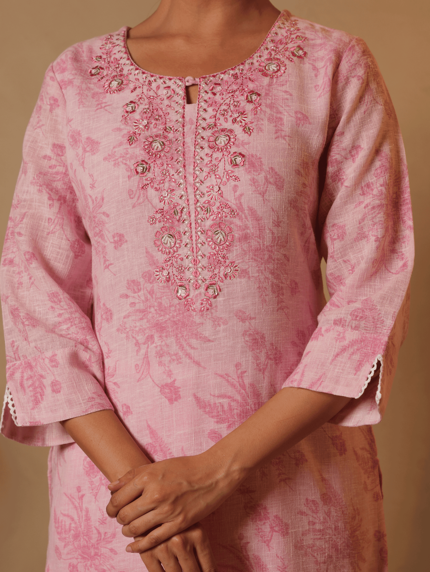 Embroidered Linen Cotton Floral Baby Pink Kurta