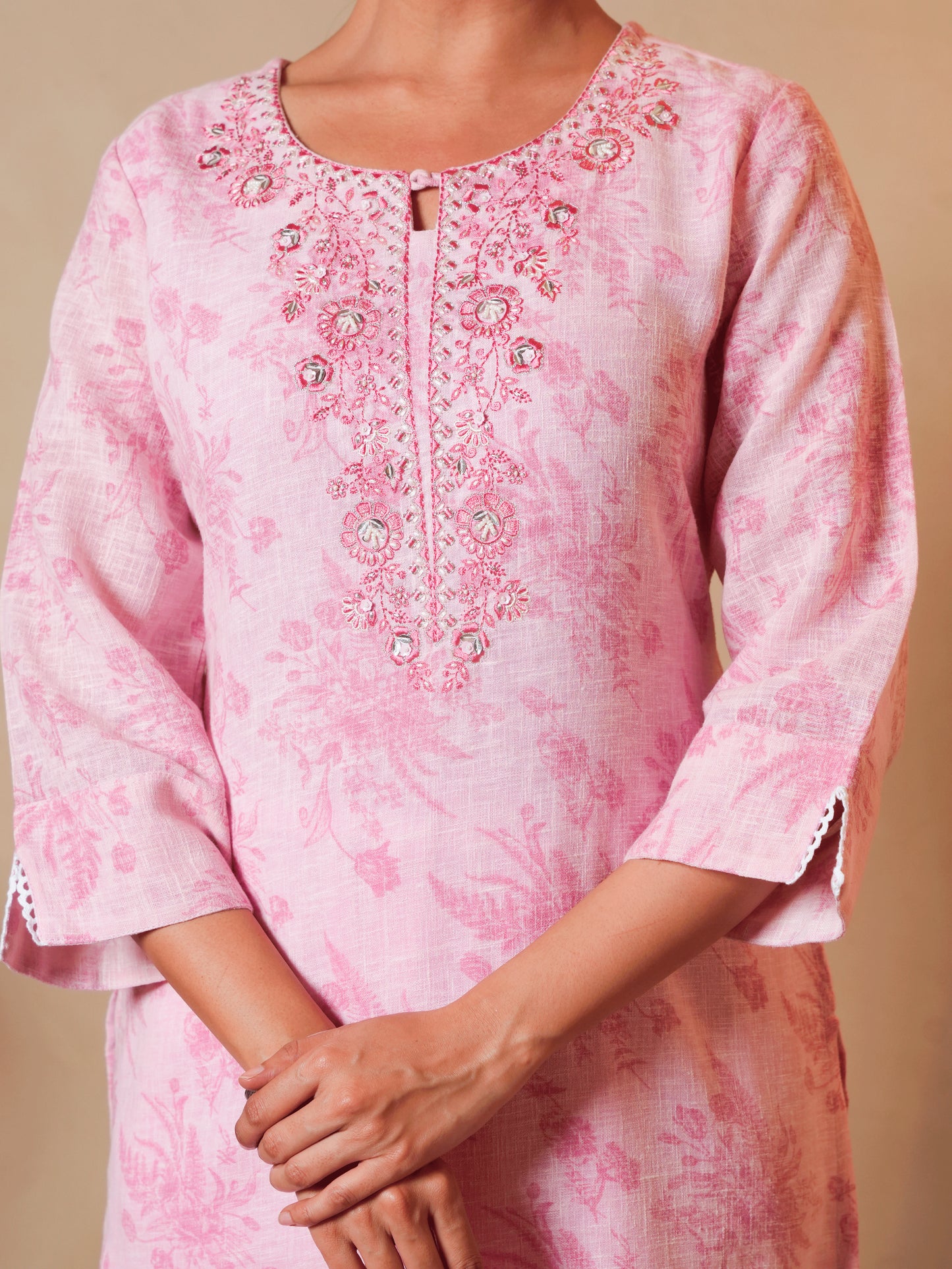 Embroidered Linen Cotton Floral Baby Pink Straight Kurta