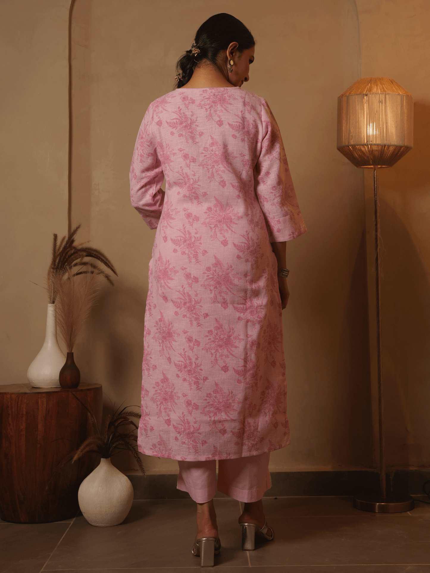 Embroidered Linen Cotton Floral Baby Pink Kurta