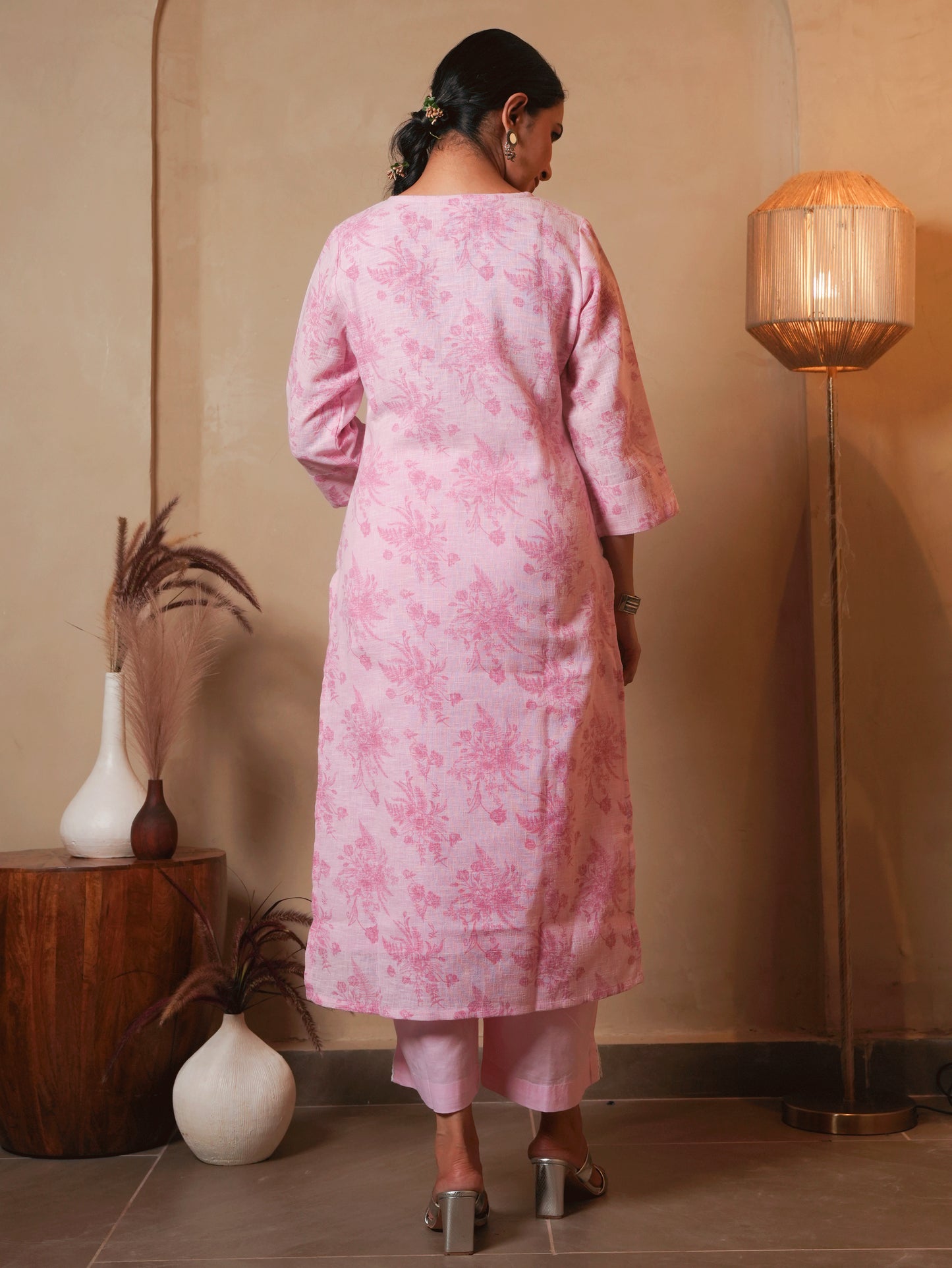 Embroidered Linen Cotton Floral Baby Pink Straight Kurta