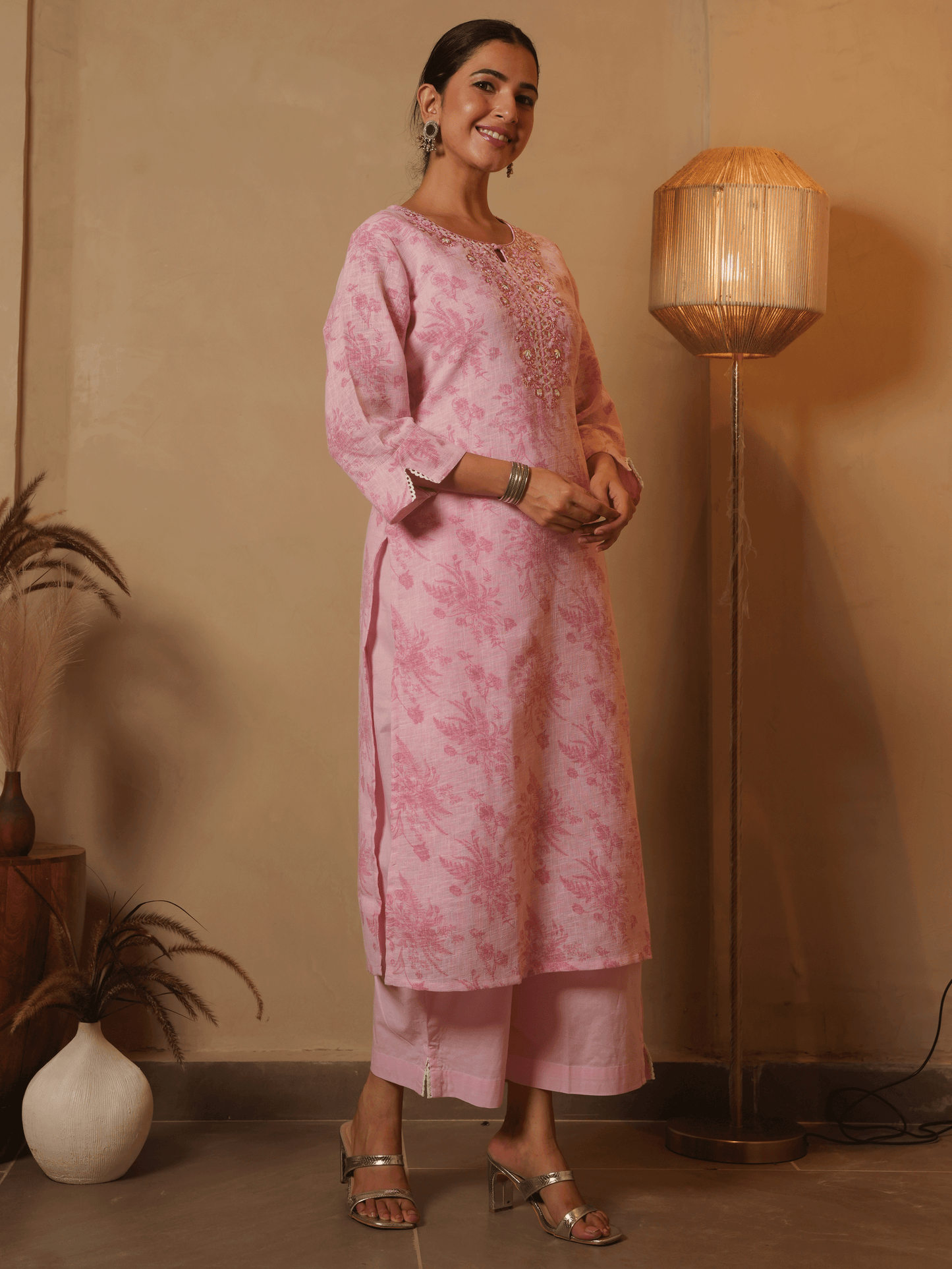 Embroidered Linen Cotton Floral Baby Pink Kurta