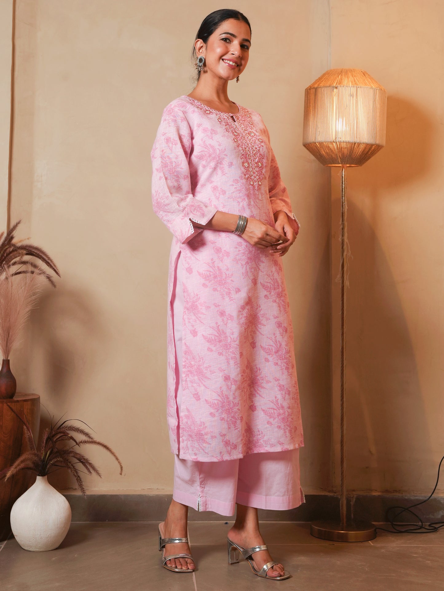Embroidered Linen Cotton Floral Baby Pink Straight Kurta