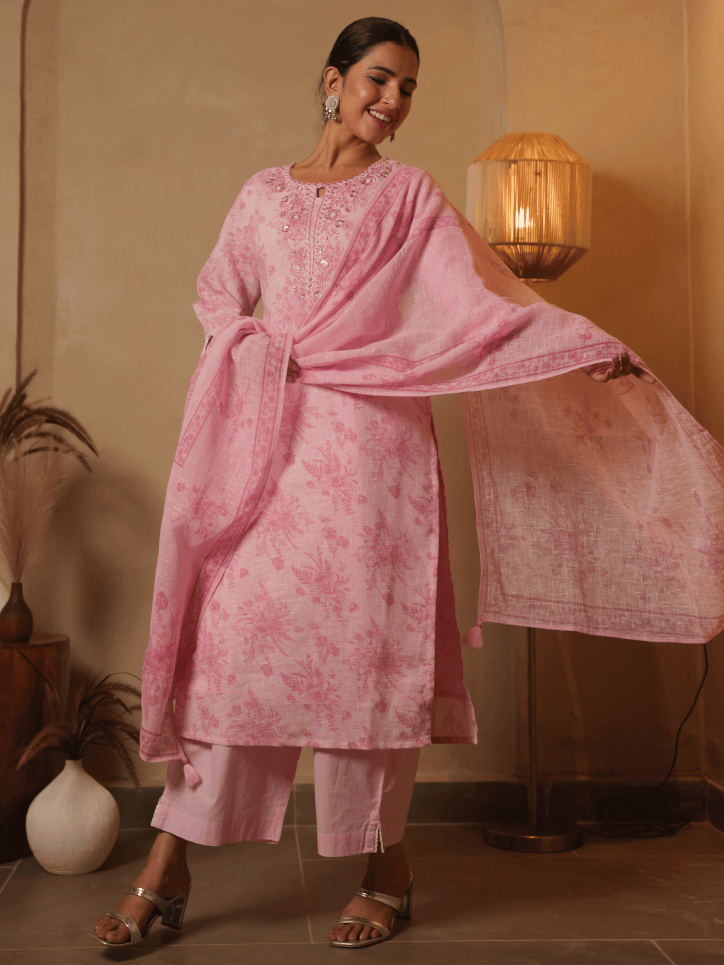 Embroidered Linen Cotton Floral Baby Pink Kurta