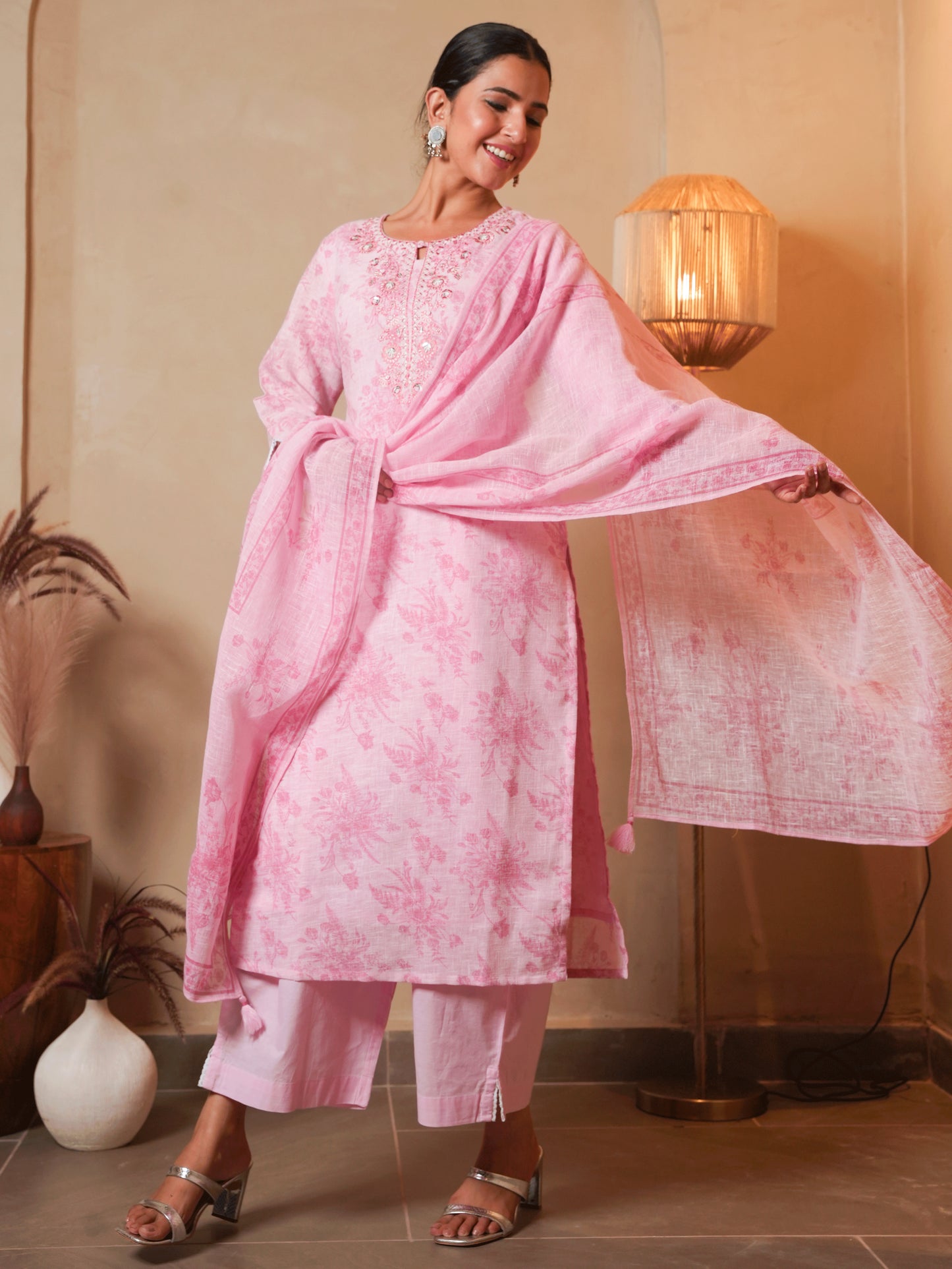 Embroidered Linen Cotton Floral Baby Pink Straight Kurta