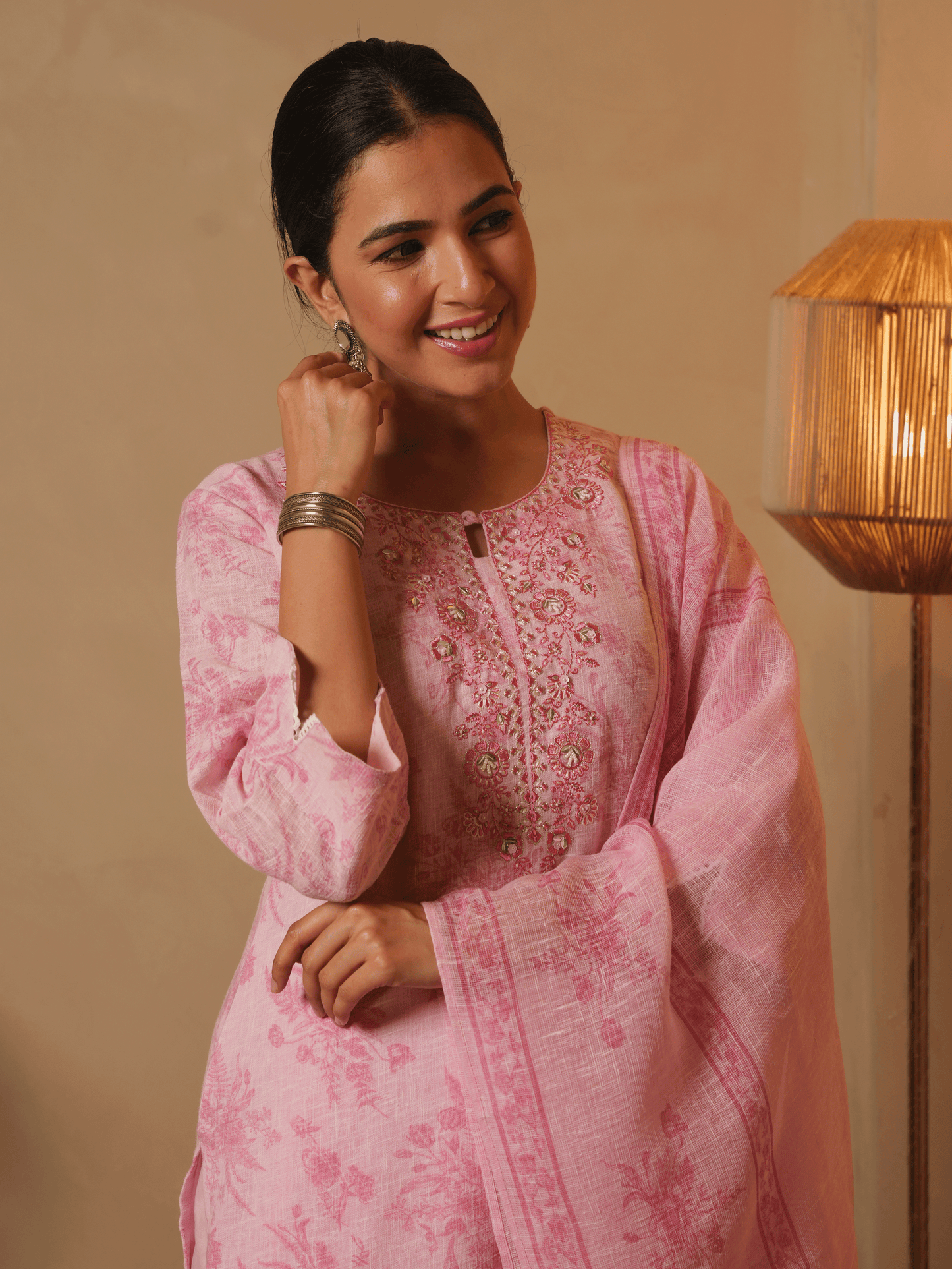 Embroidered Linen Cotton Floral Baby Pink Kurta