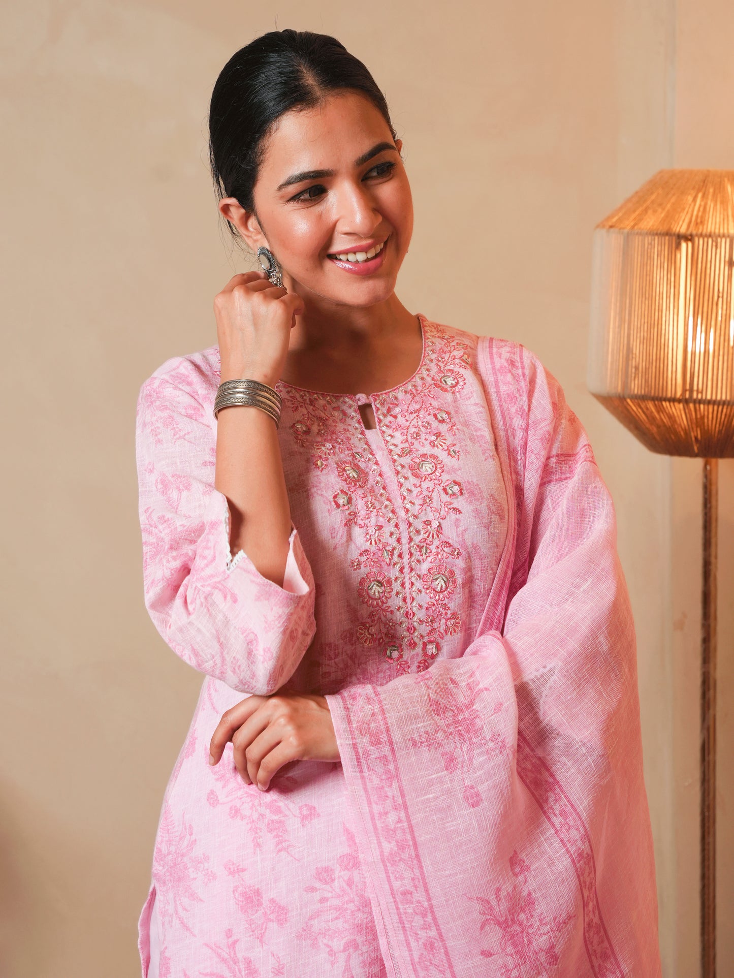 Embroidered Linen Cotton Floral Baby Pink Straight Kurta