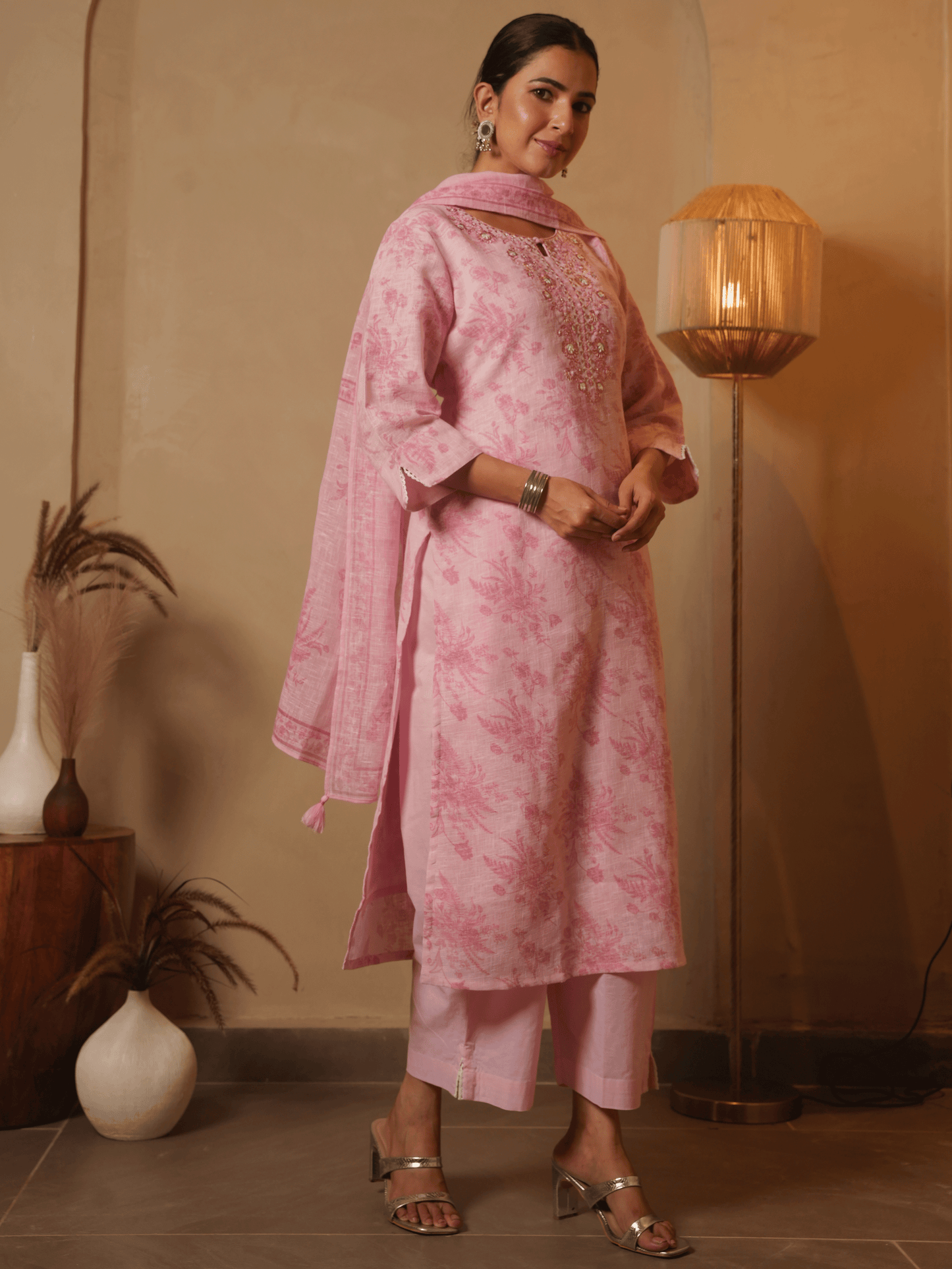 Embroidered Linen Cotton Floral Baby Pink Kurta