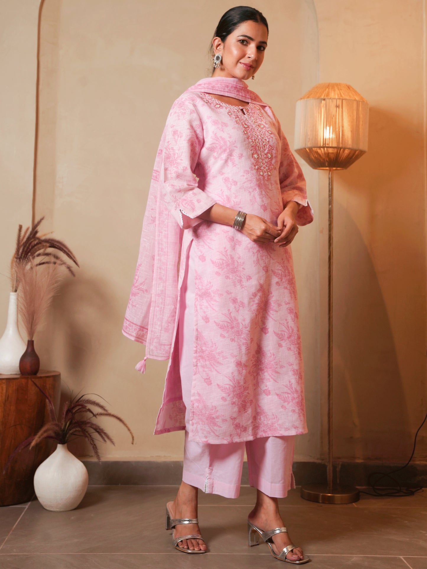 Embroidered Linen Cotton Floral Baby Pink Straight Kurta
