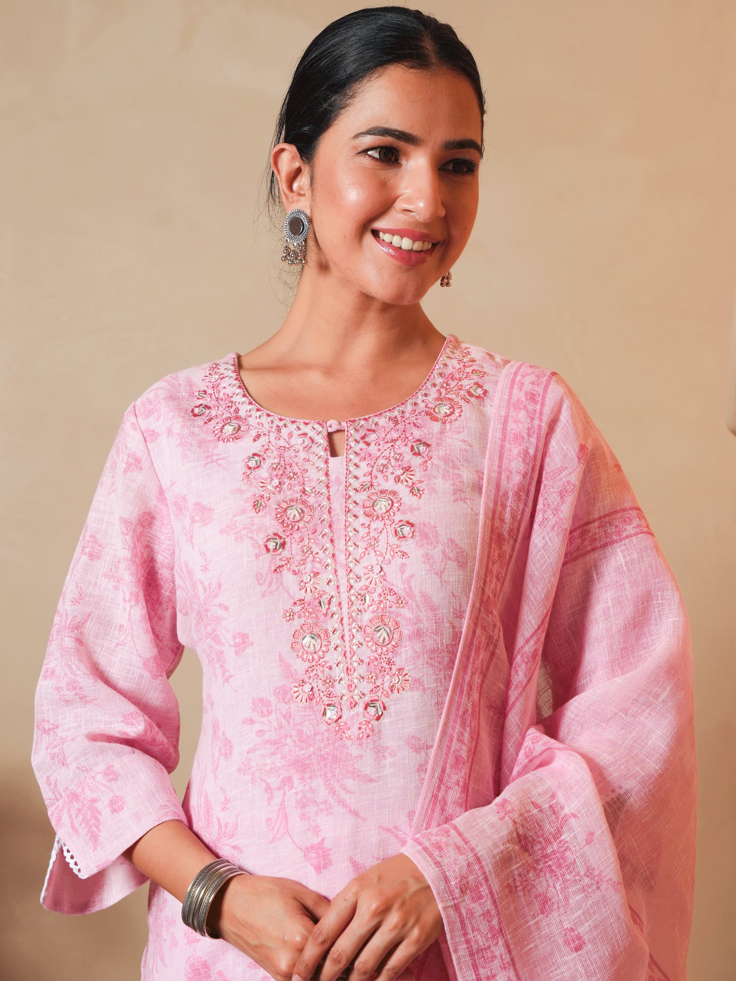 Embroidered Linen Cotton Floral Baby Pink Straight Kurta
