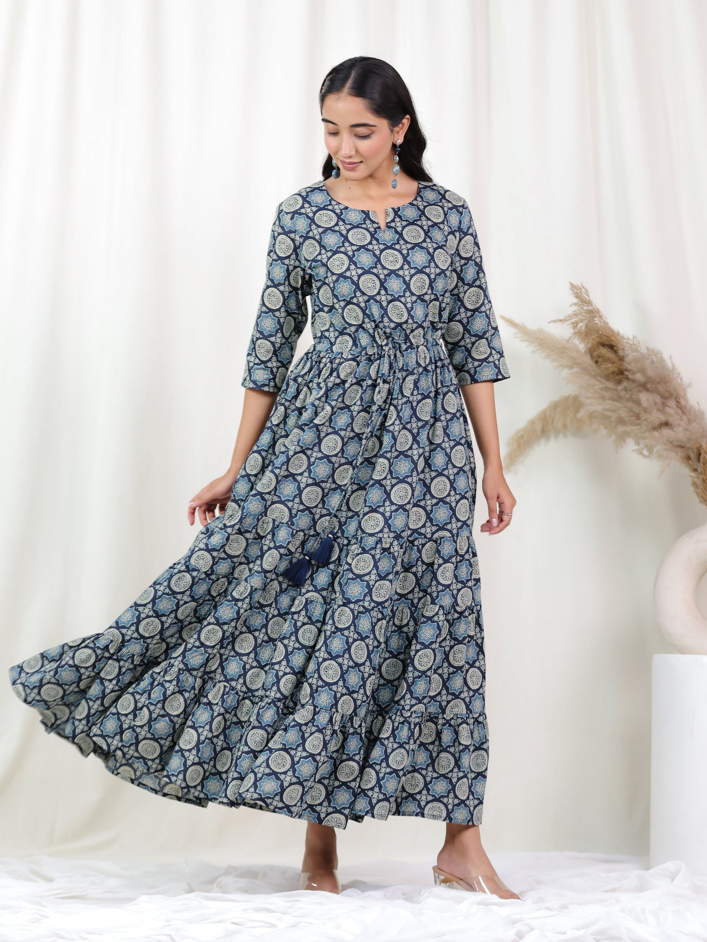 Soft Cotton Geometric Anarkali Blue Dress