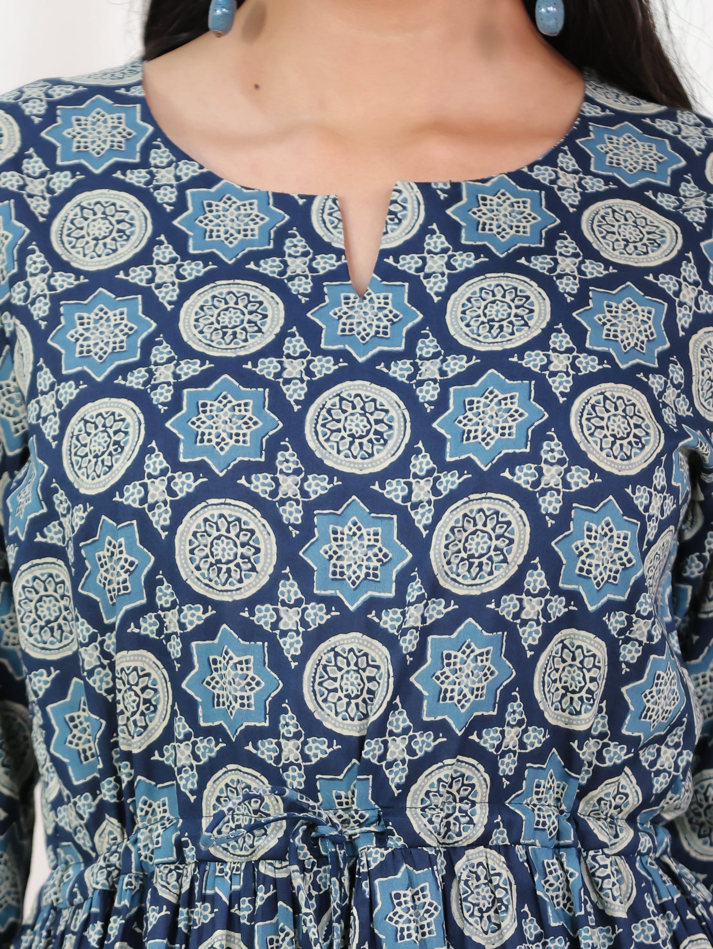 Soft Cotton Geometric Anarkali Blue Dress