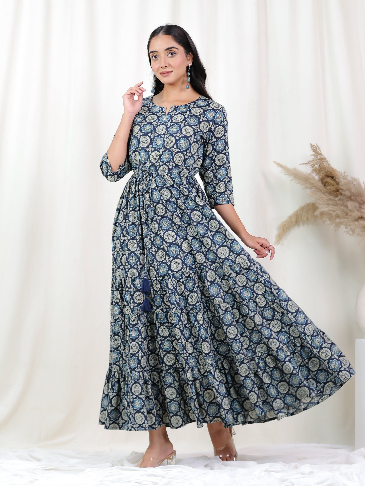 Soft Cotton Geometric Anarkali Blue Dress