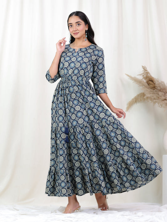 Soft Cotton Geometric Anarkali Blue Dress