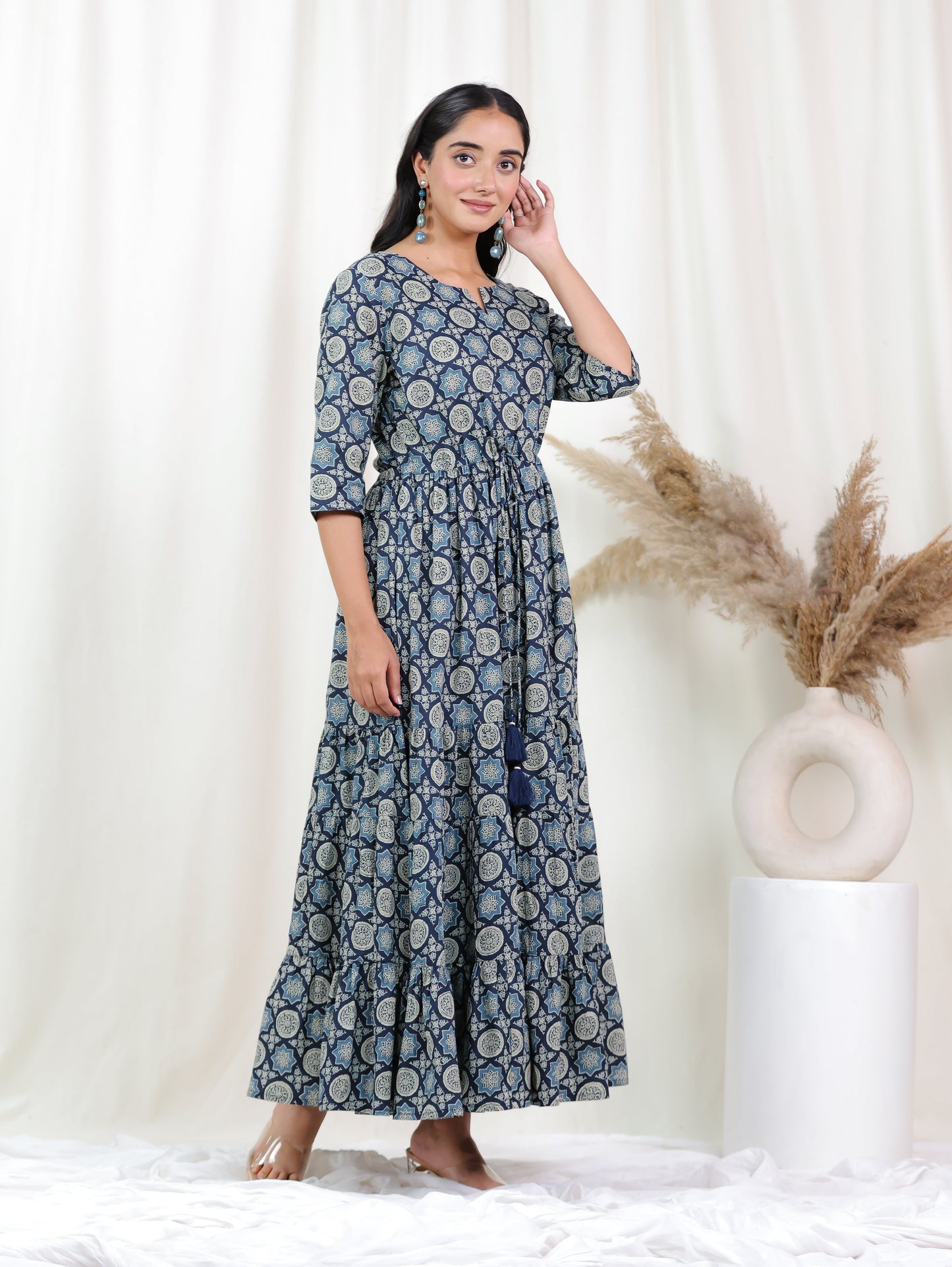 Soft Cotton Geometric Anarkali Blue Dress