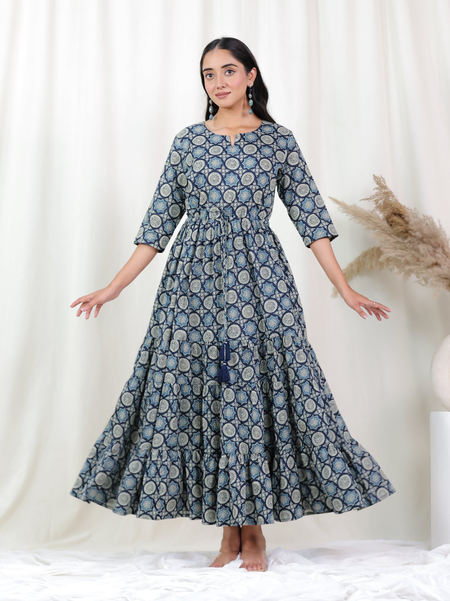 Soft Cotton Geometric Anarkali Blue Dress