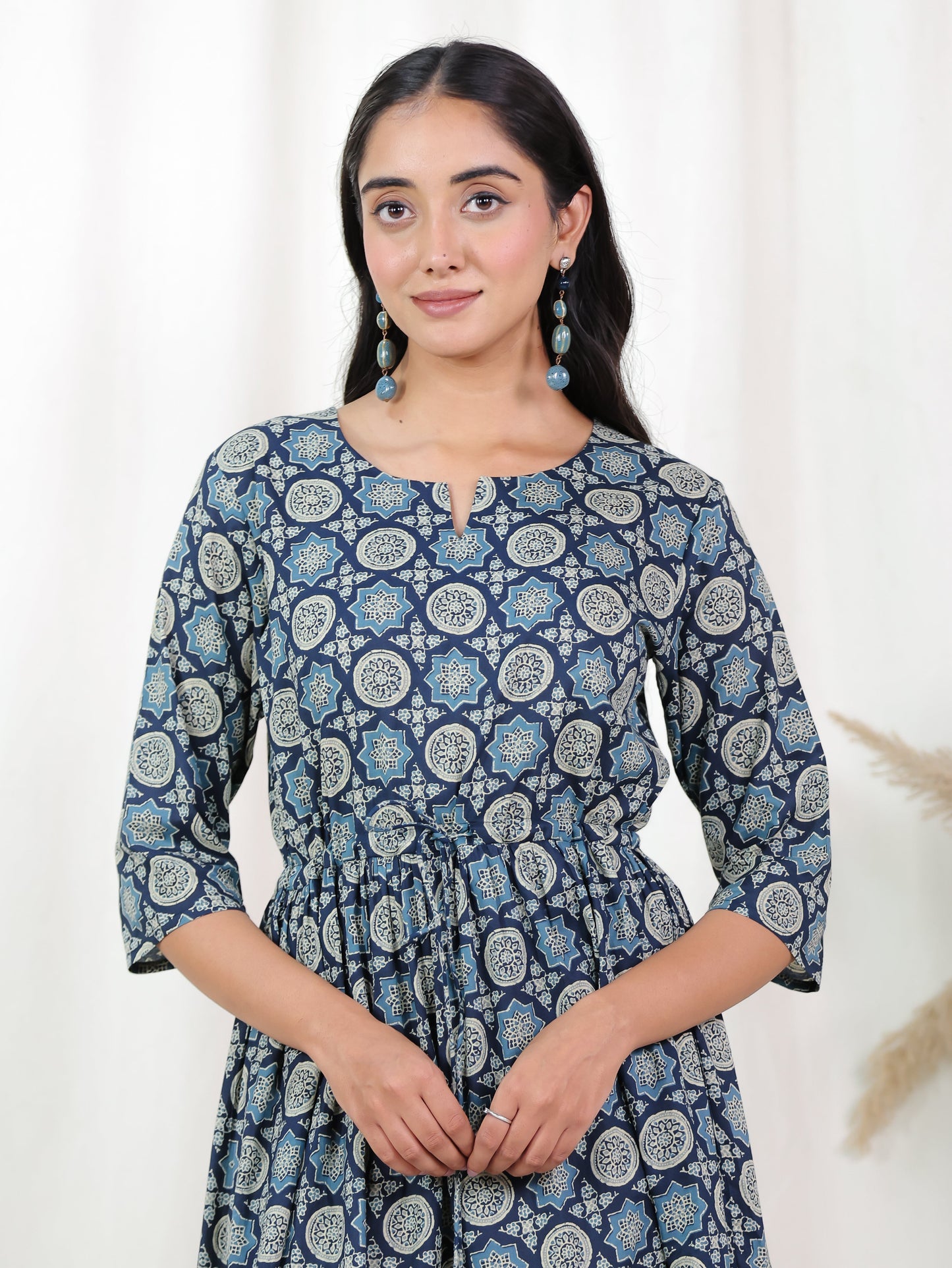Soft Cotton Geometric Anarkali Blue Dress