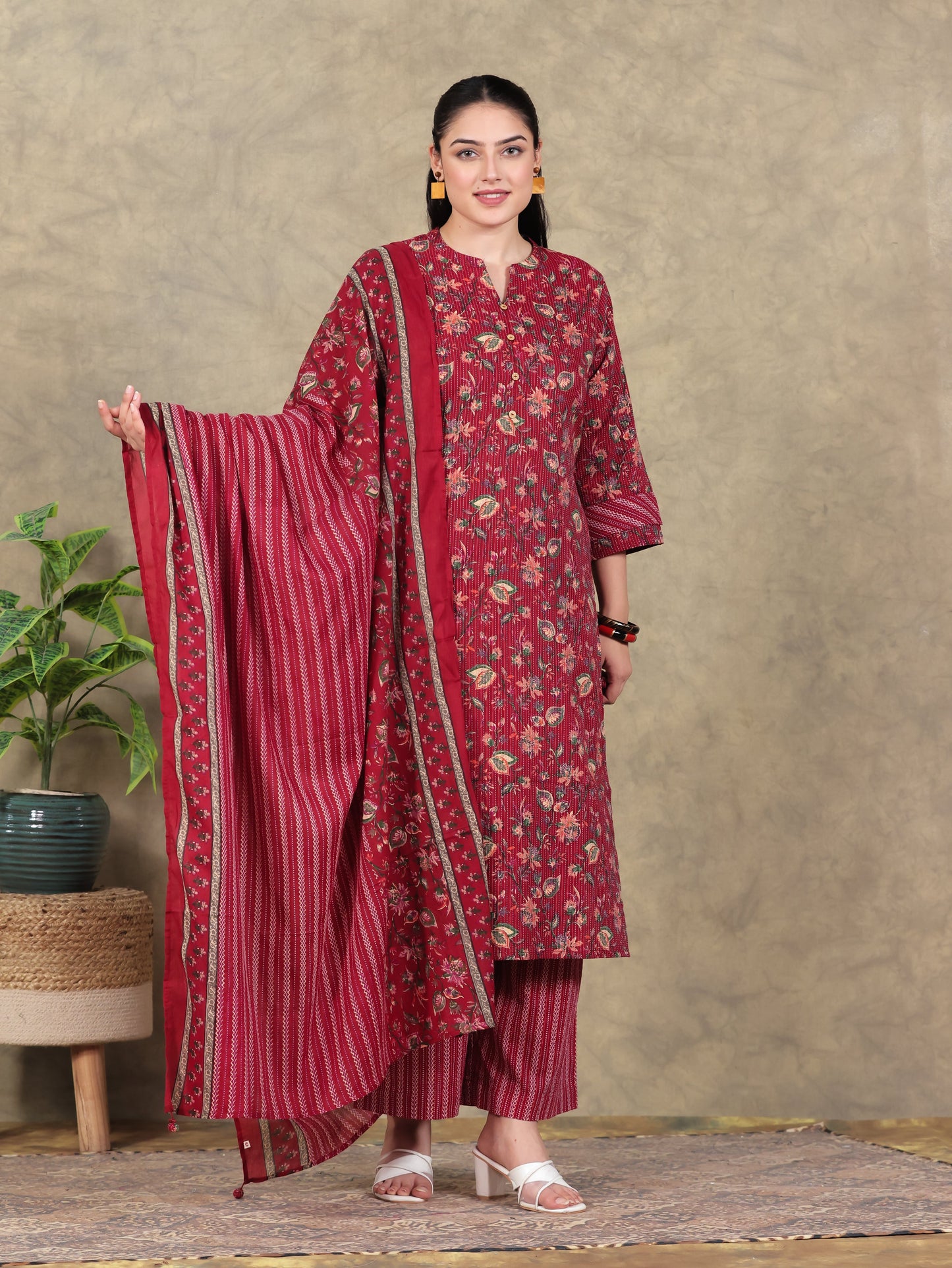 Cotton Voile Border print Red Dupatta