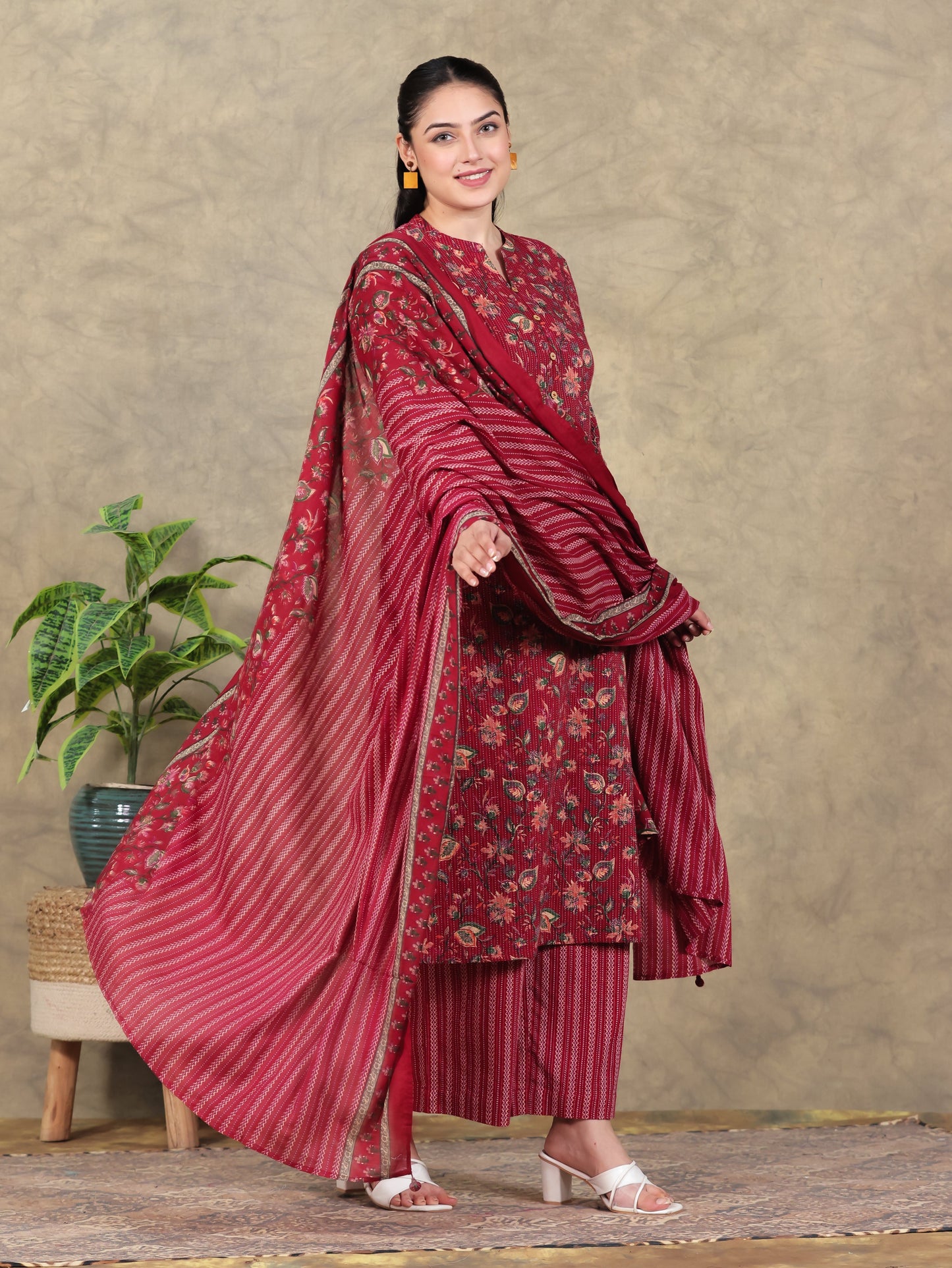 Cotton Voile Border print Red Dupatta